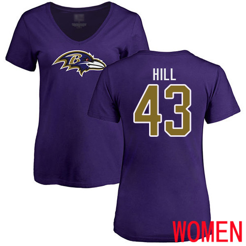 Baltimore Ravens Purple Women Justice Hill Name and Number Logo NFL Football #43 T Shirt->baltimore ravens->NFL Jersey